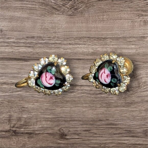Vintage Screw Back Earrings W/ Floral Black Glass Cabochons & Rhinestones - Picture 1 of 6